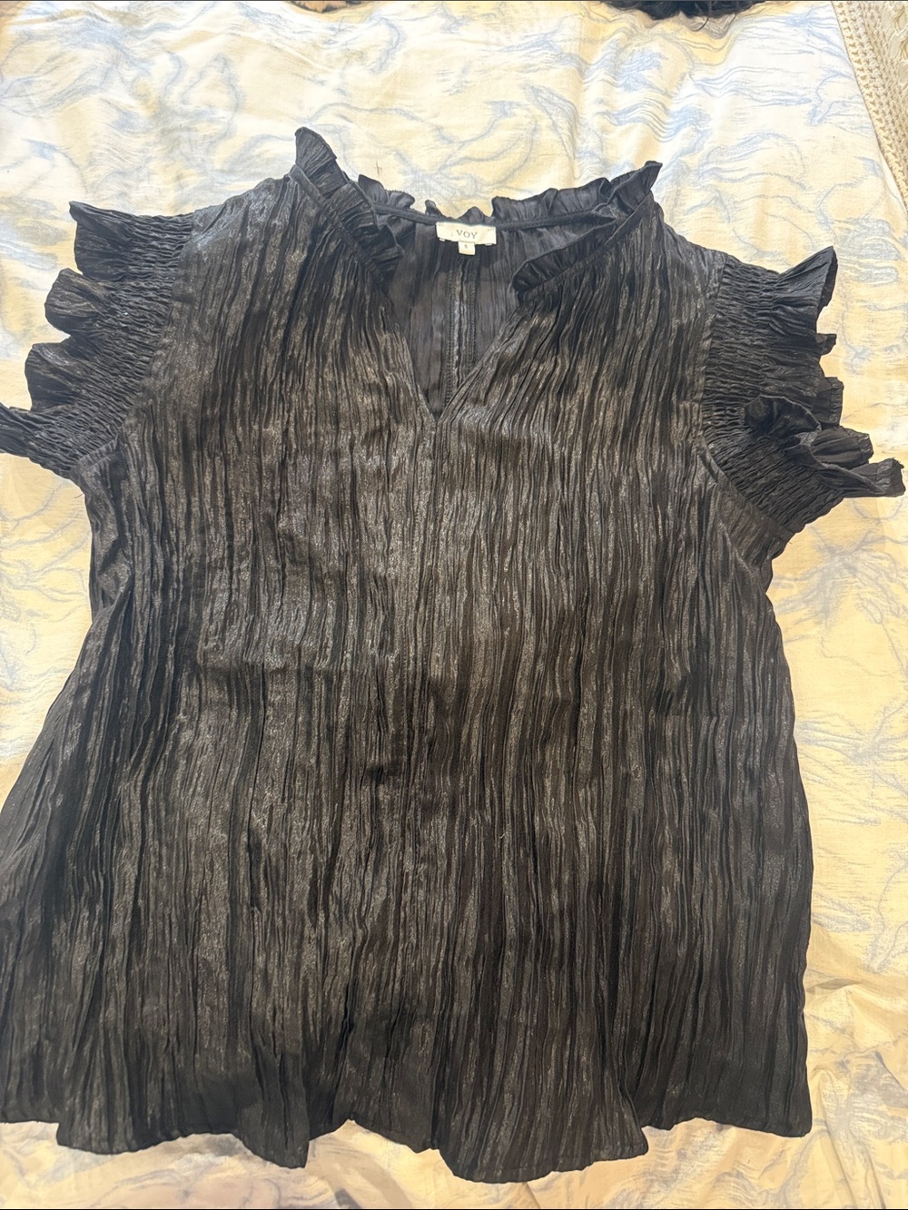 Vince Black Crinkle V-Neck Blouse with Ruffle Sleeves
